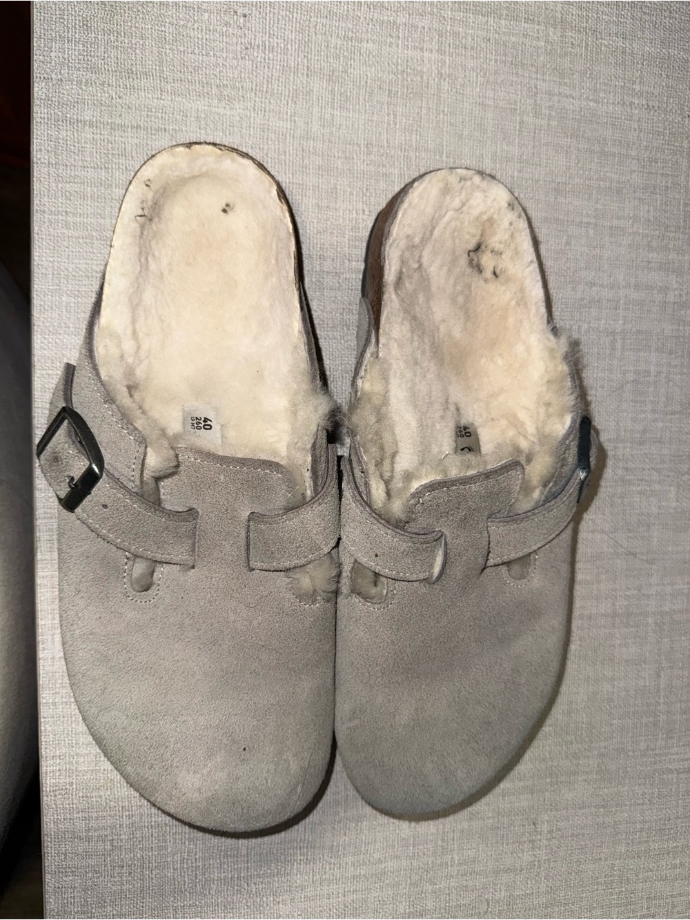 Birkenstock Suede Shearling Clog Mules in Light Taupe - Picture 3 of 5